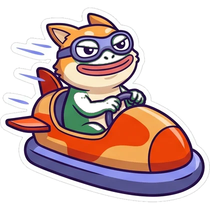 The frog-dog mascot racing a rocket bumper car